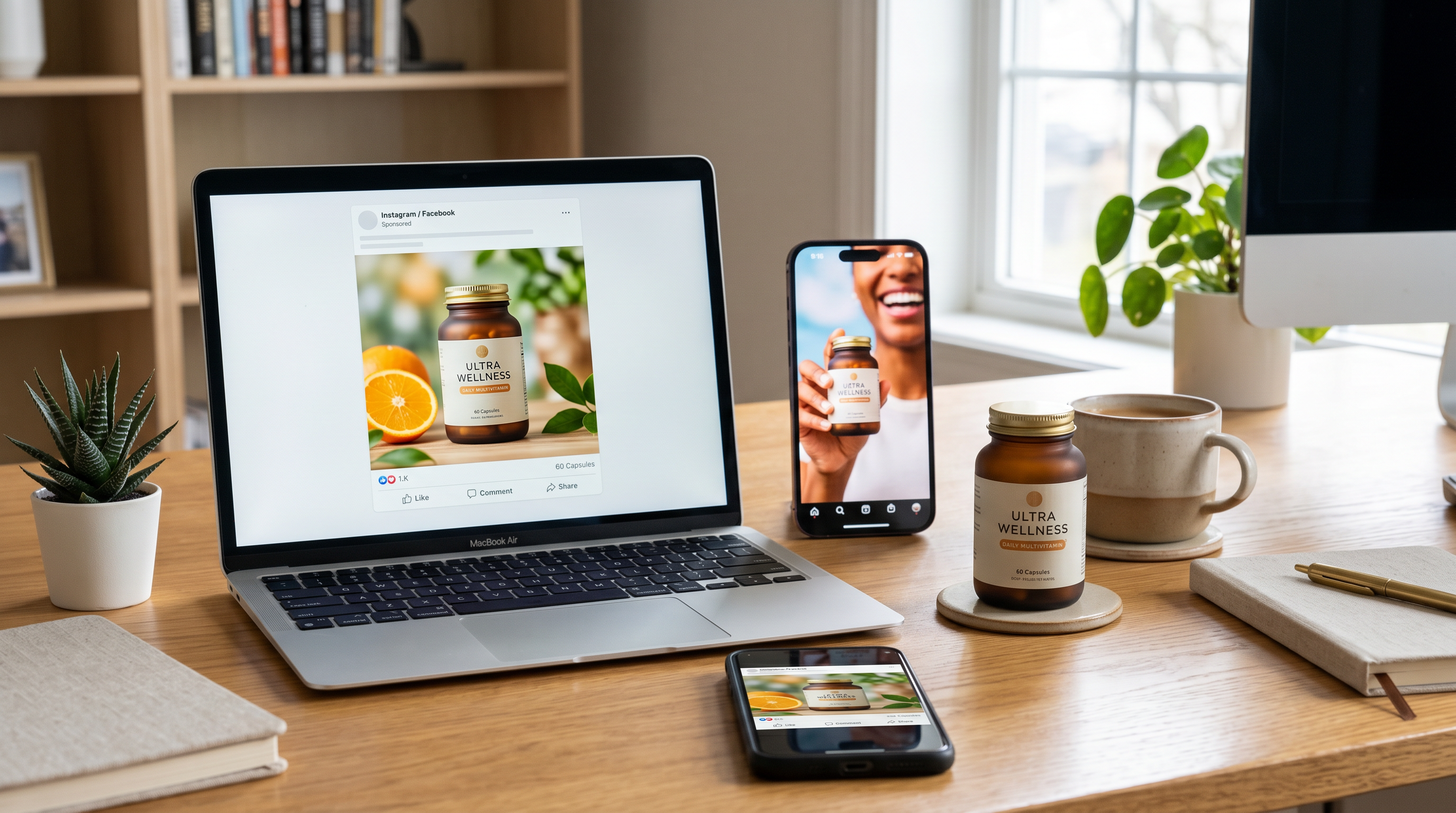 One supplement SKU — Feed 1:1 and Reels 9:16 from the same generator session.