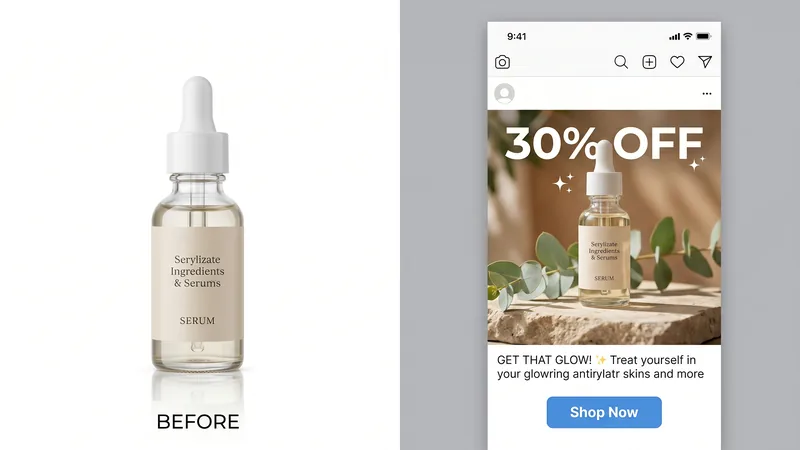 raw product photo → finished feed ad with headline, offer, and CTA